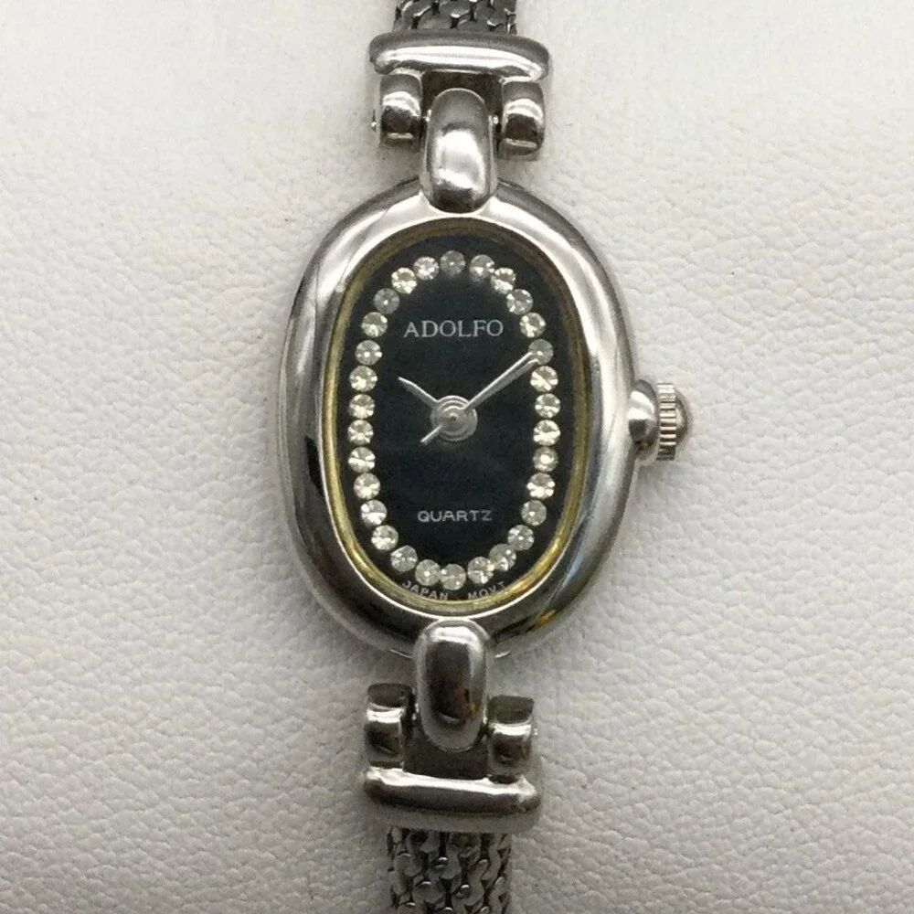 Adolfo Womens Watch 16mm Black Dial Silver Tone Crystals New Battery 7.5